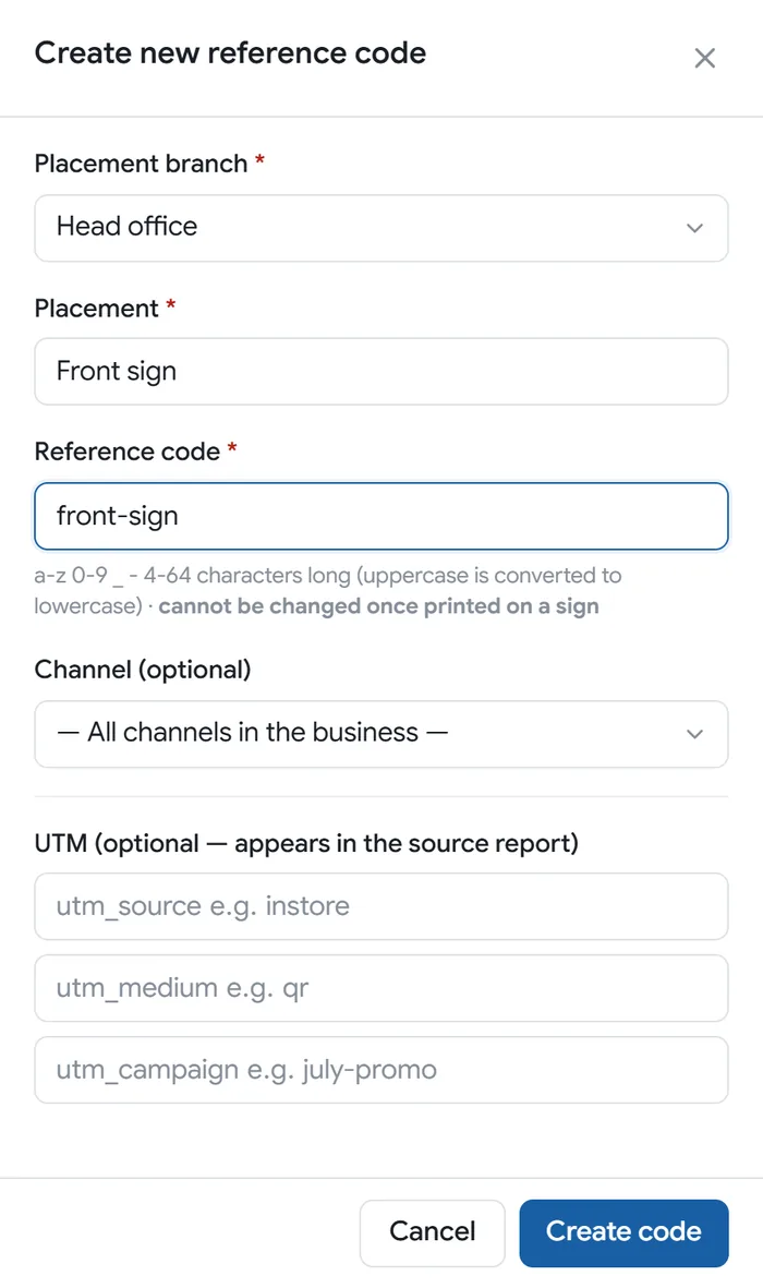 The new reference code form: choose the branch, name the placement and the reference code