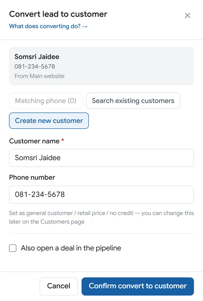 The convert lead to customer window on the Create new customer tab, with the name and phone already filled in