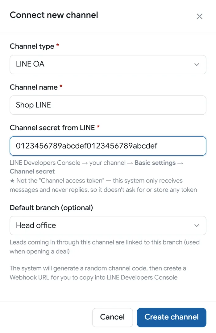 The Connect new channel window: choose LINE OA, enter a name, paste the Channel secret, then press Create channel