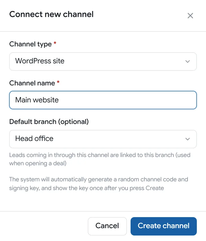 The Connect new channel window: choose WordPress site, enter a name, then press Create channel