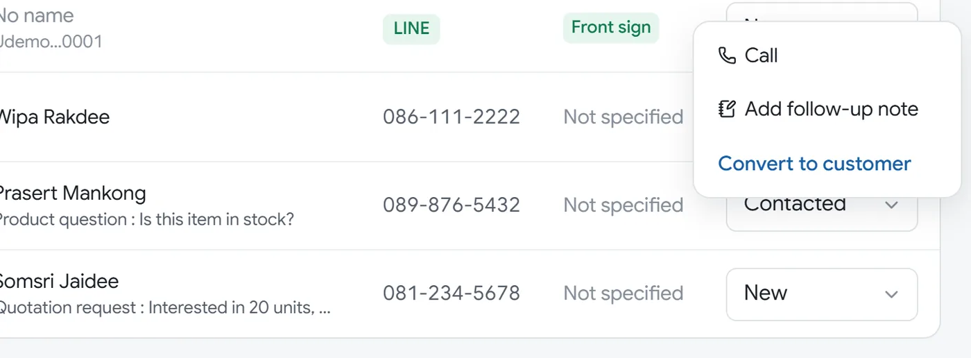 The three-dot menu at the end of a row: Call, Add follow-up note and Convert to customer