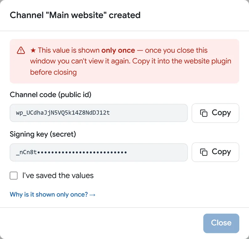 The signing key window: press Copy, tick I've saved the values, then press Close