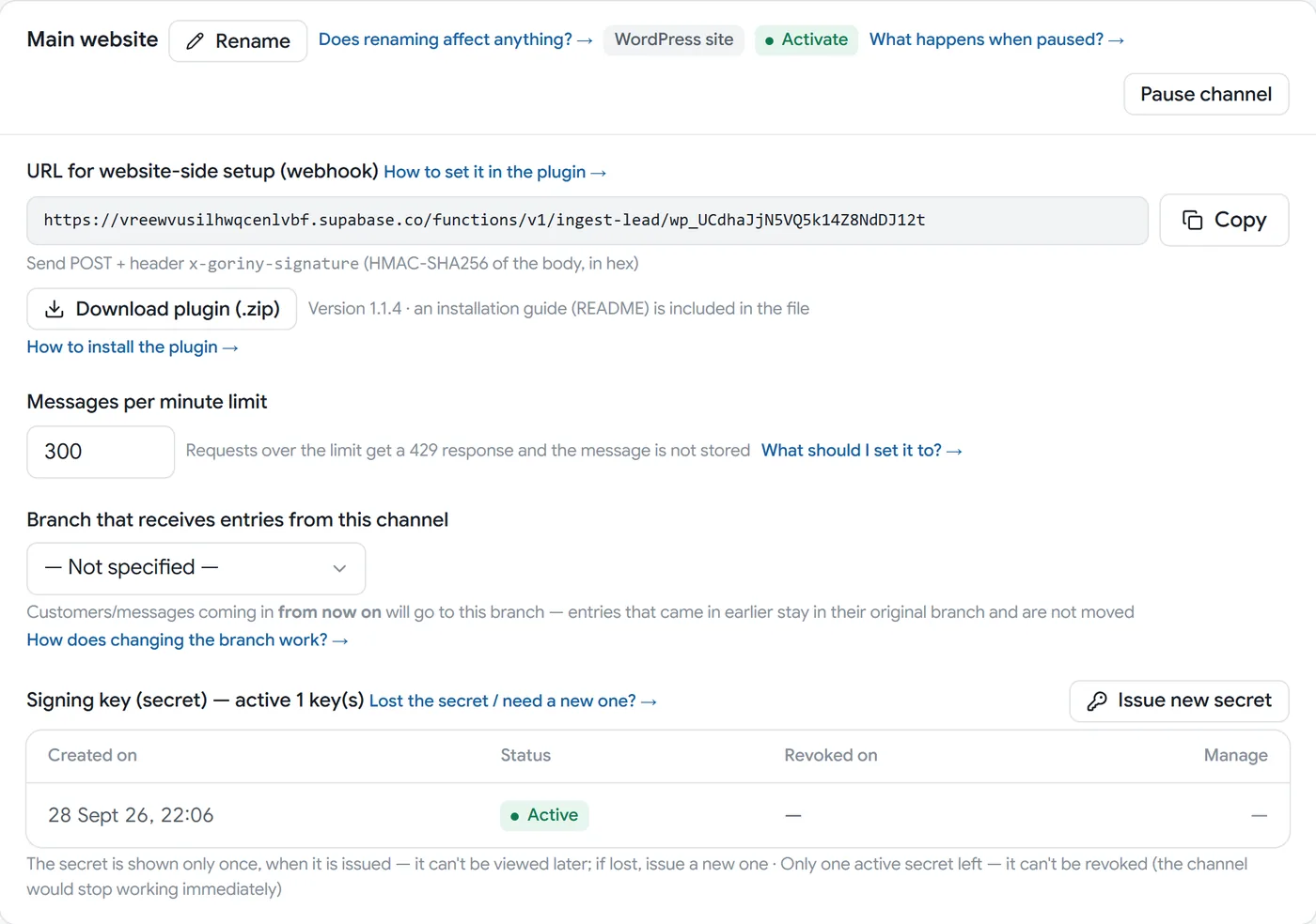 The whole website channel card: name, status, URL, Download plugin button, message limit, branch and the signing key table