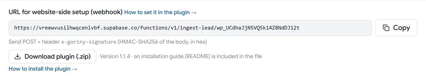 The website channel card: the webhook URL, the Copy button and the Download plugin button