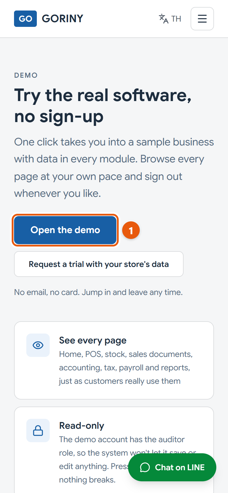 The demo page. One press takes you into the sample shop.