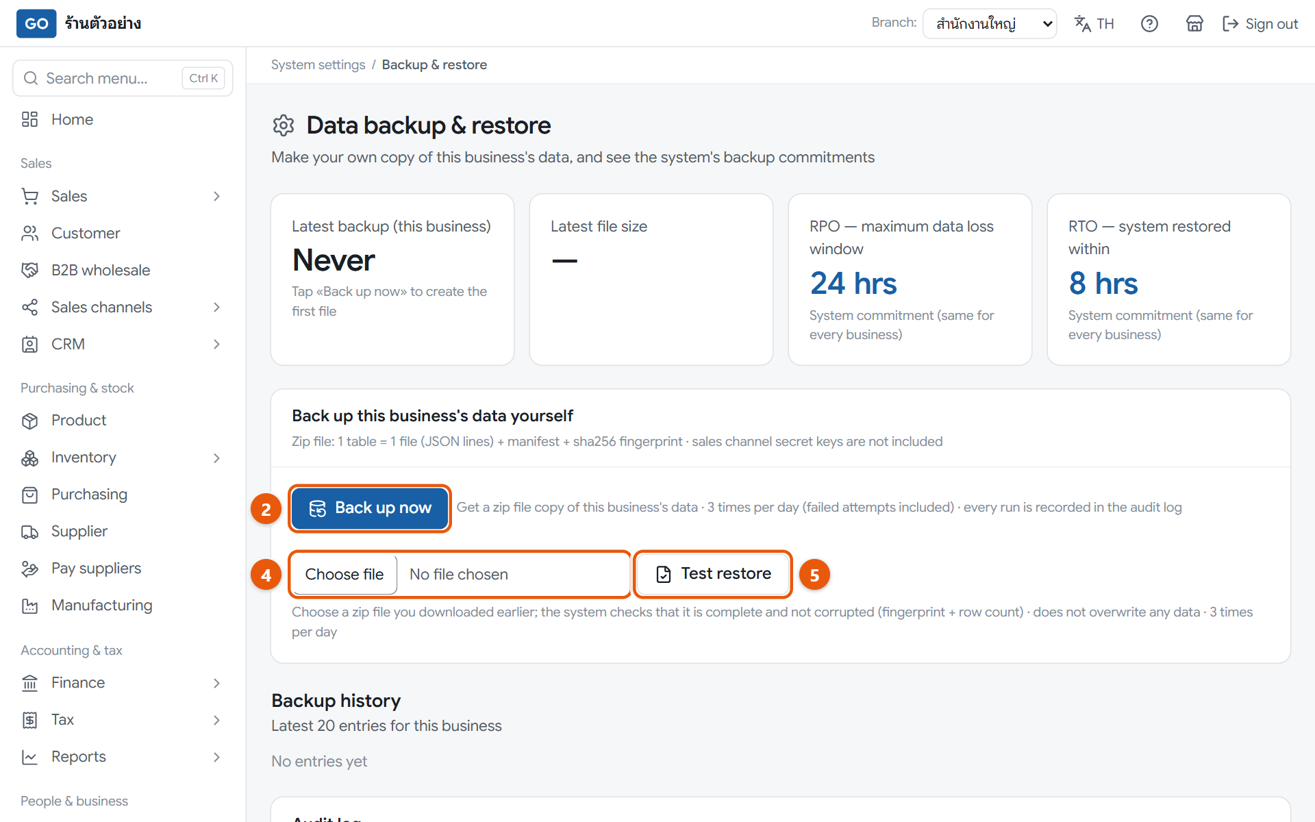 The backup page with the back up now button, the file picker and the test restore button