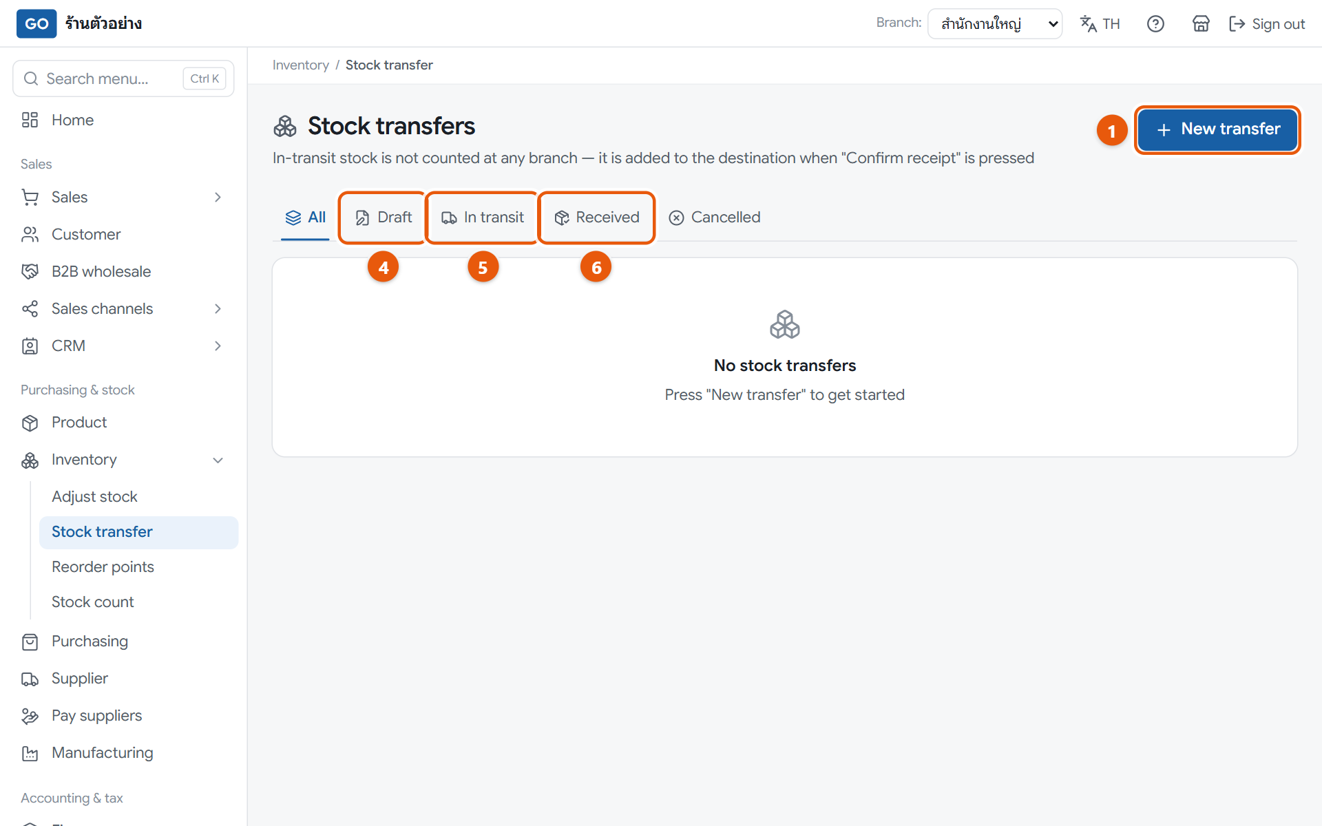 The stock transfers page with the draft, in transit and received tabs