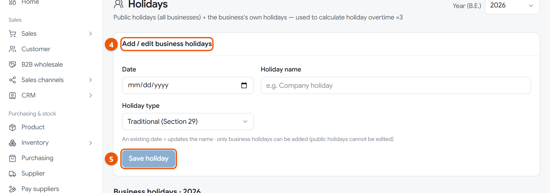 The holiday page, with public holidays and your shop's own