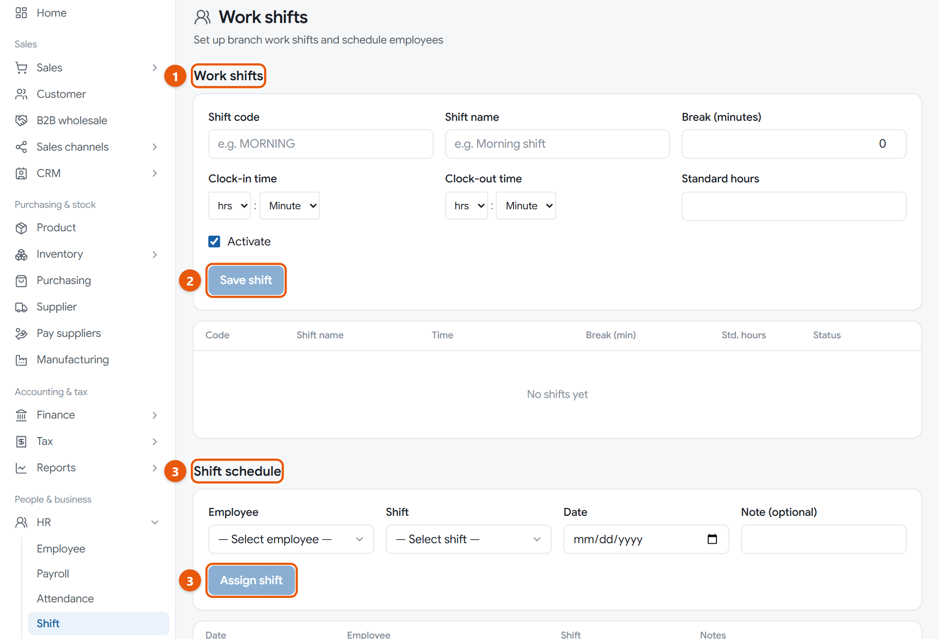 The shift page, with shift setup and the shift schedule