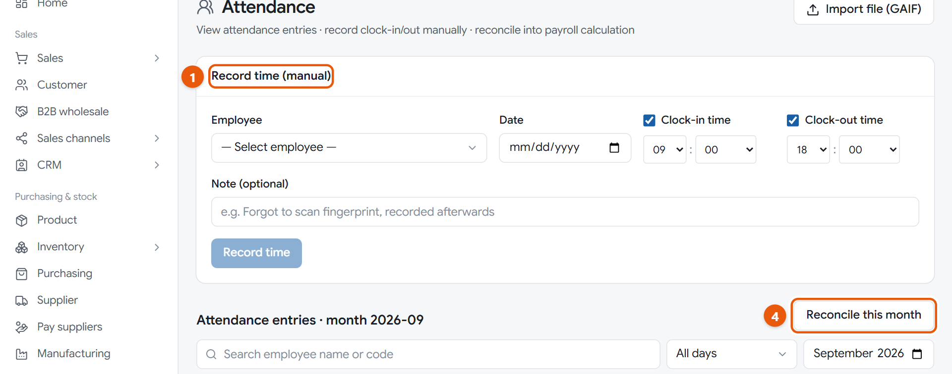 The attendance page, with manual entry and the month's entries