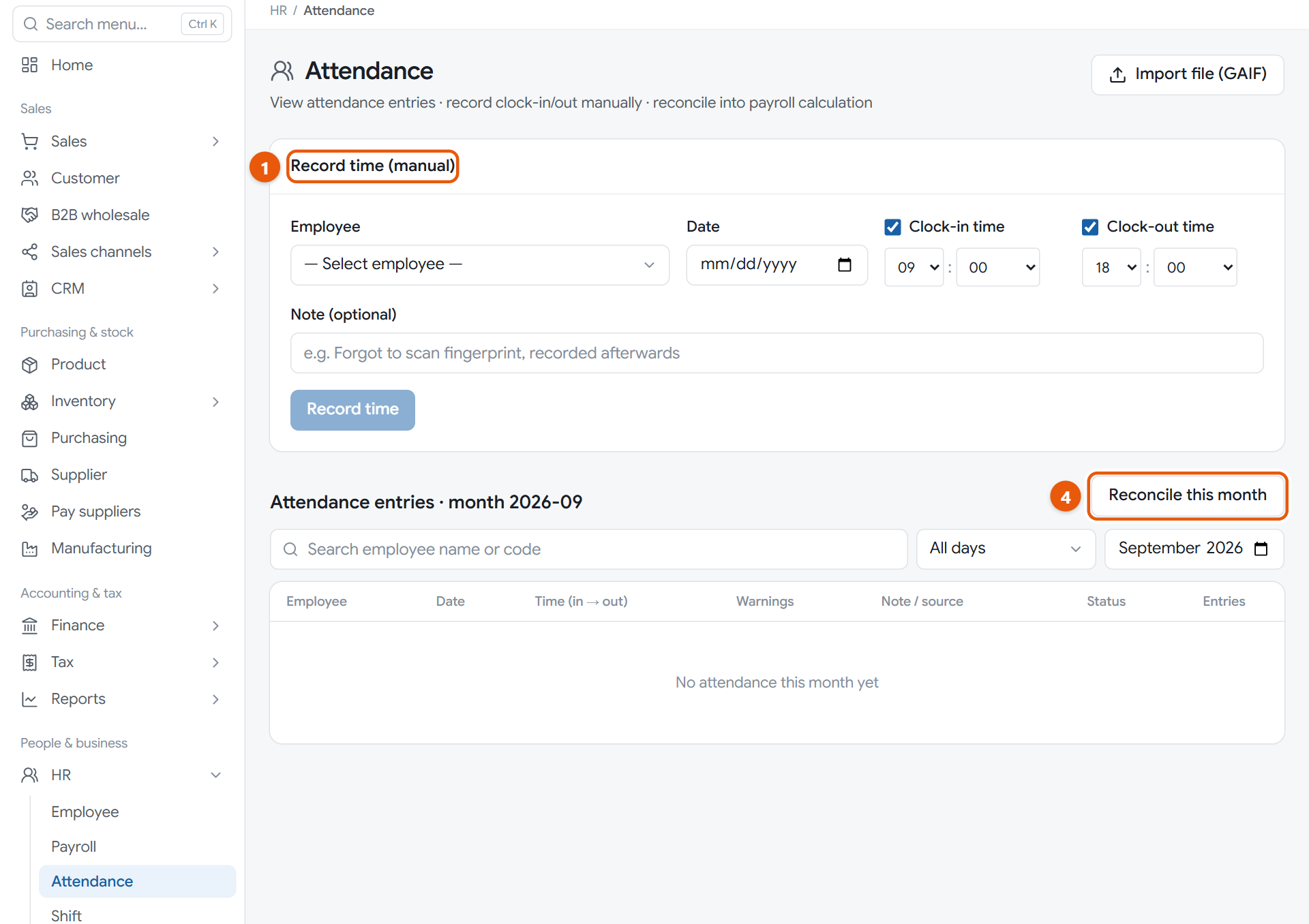 The attendance page, with manual entry and the month's entries