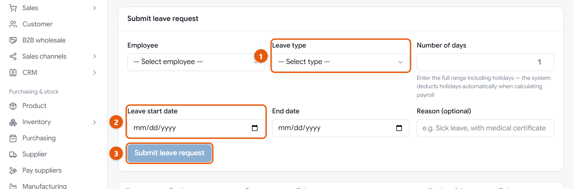 The leave page, with the request form and the leave table