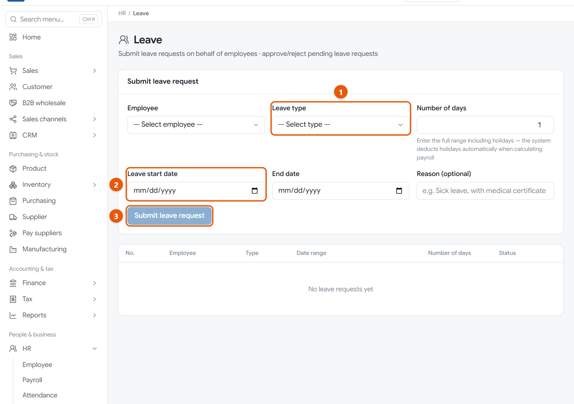 The leave page, with the request form and the leave table
