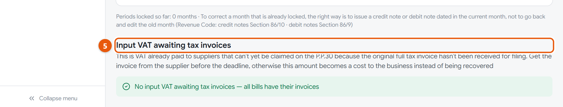 The panel of input VAT still awaiting tax invoices, at the bottom of the tax periods page
