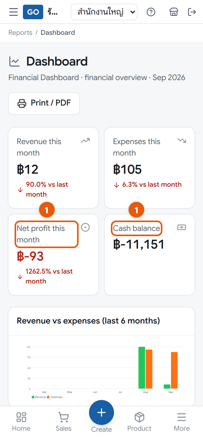 The finance dashboard with this month's profit and cash