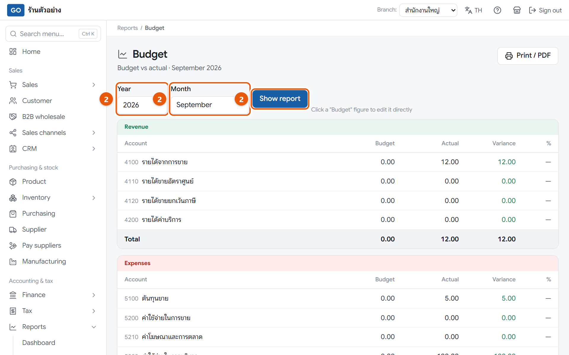 The budget page comparing budget and actual by account
