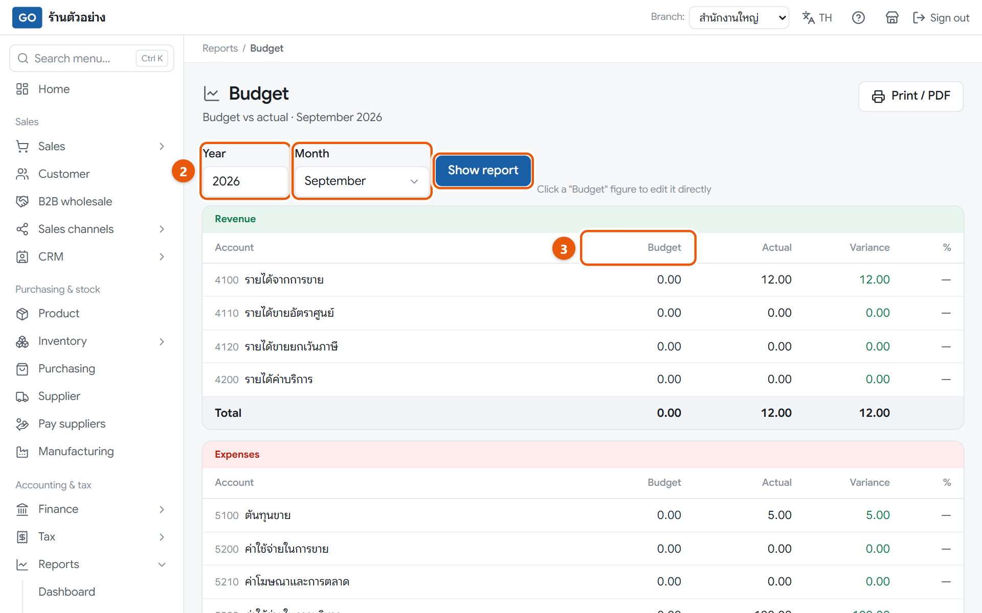 The budget page comparing budget and actual by account