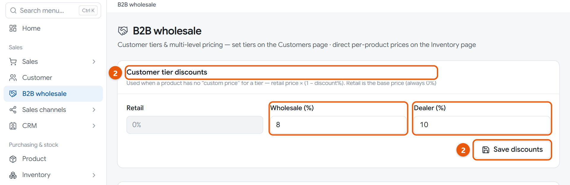 Customer tier discounts on the wholesale page